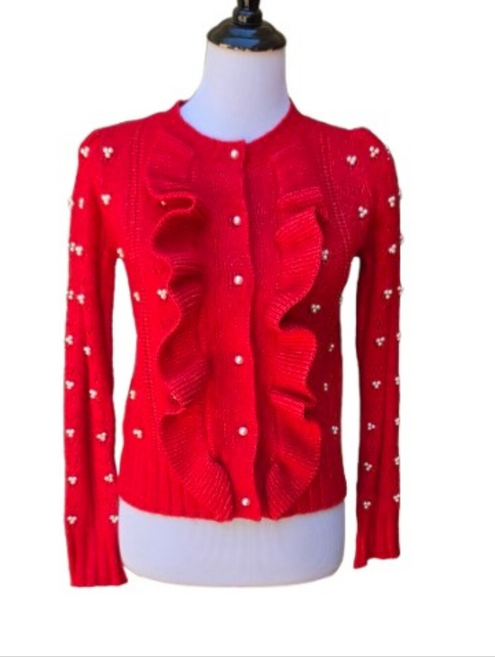 Industry Red Pearl Embellished Cardigan Sweater NWT Ruffle Preppy Girly Feminine